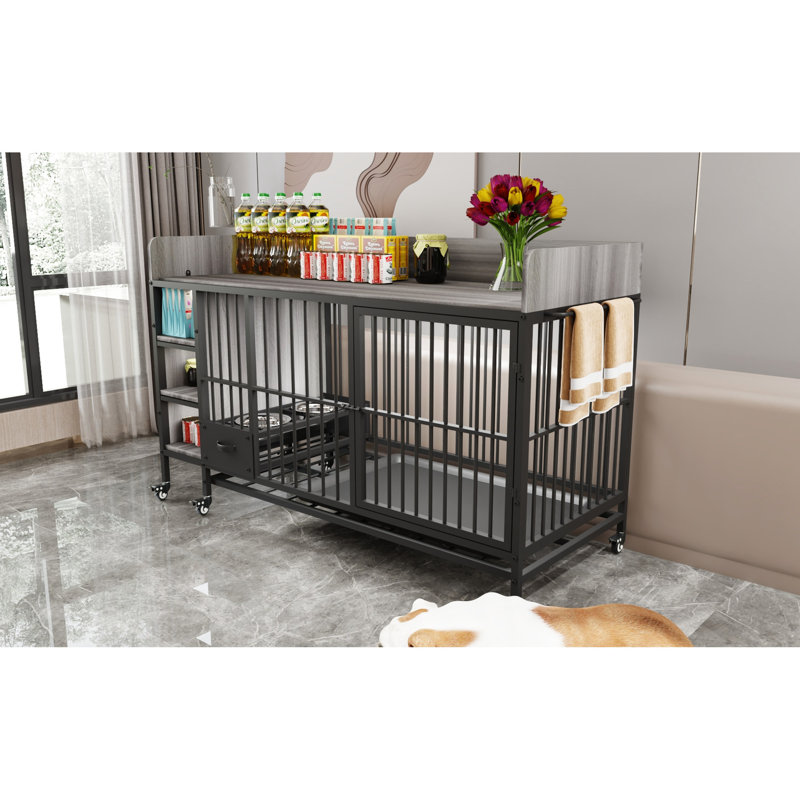 Grande cage pour animal de compagnie avec compartiment de rangement: cadre et matériau en fer, l 58,53 po Profondeur, largeur de 24,23 po, hauteur de 34,31 po, tiroir d'alimentation noir et gris fumée: profondeur, largeur, hauteur, +