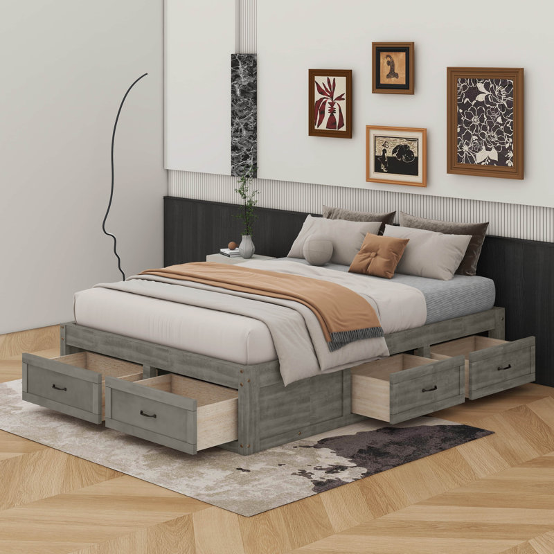 Lit plateforme avec 6 tiroirs, Gris antique, Lit double