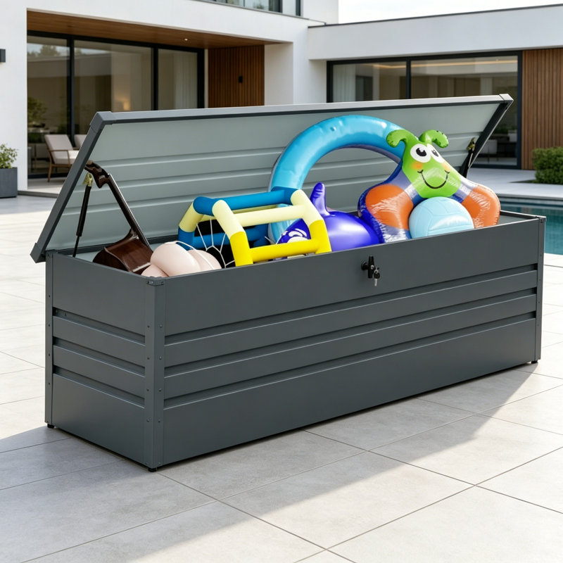Très grande boîte de rangement pour terrasse imperméable en métal de 260 gallons avec bacs de rangement verrouillables