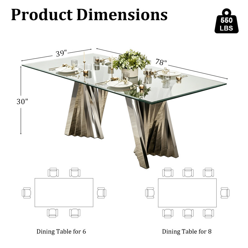 Glass Dining Table, 78 inch Silver Dining Room Table, Modern Dining Table for 6-8 People