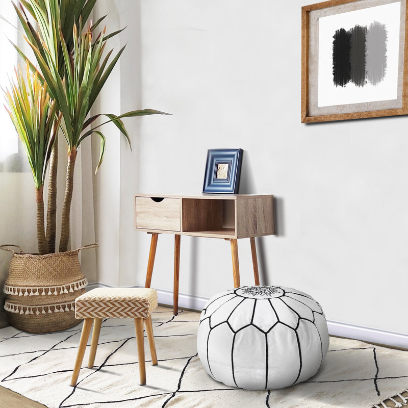 Leather Pouf, White/Black Genuine Leather
