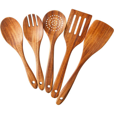 Ensemble 5 pièces d'ustensiles de cuisine en bois de teck - Crépine ergonomique, spatule et outils à salade pour la cuisine