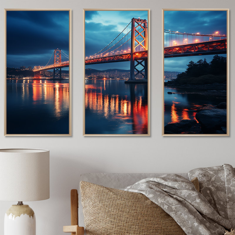 Pont panoramique, lever de soleil I - Ponts, art mural, Cadre flottant brun, H 32 po x l 48 po x P 1 po