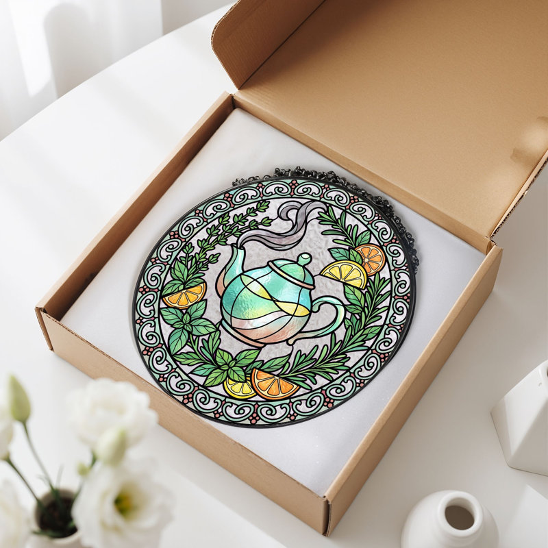 Panneau de vitrail en verre teinté avec théière, H 12 po, H 12 po