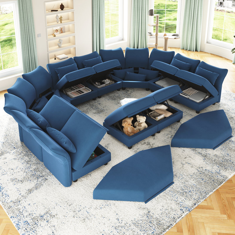 Ahren Upholstered Curved Sectional, Blue Velvet