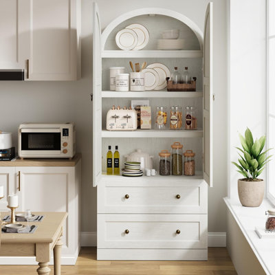 Bibliothèque 72 pouces à dôme haut avec tiroirs et porte vitrée, bibliothèque en bois à 4 niveaux avec plateau arqué et tablettes, armoire de rangement de style maison de campagne, bureau, salon, entrée