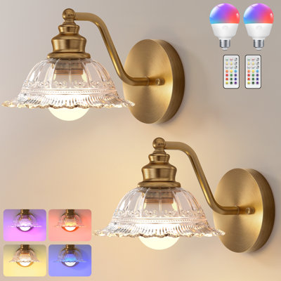 Battery Operated Wall Sconces Set of 2 with Remote, Vintage Wireless Wall Lights, Rechargeable & Hardwire Wall Lamp for Bedroom Living Room Hallway Decor（Amber  Glass）