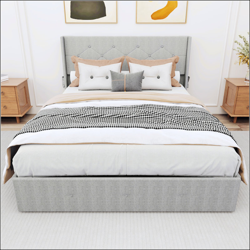 Grand lit capitonné avec espace de rangement, lit de rangement relevable avec tête de lit à oreilles, Gris clair