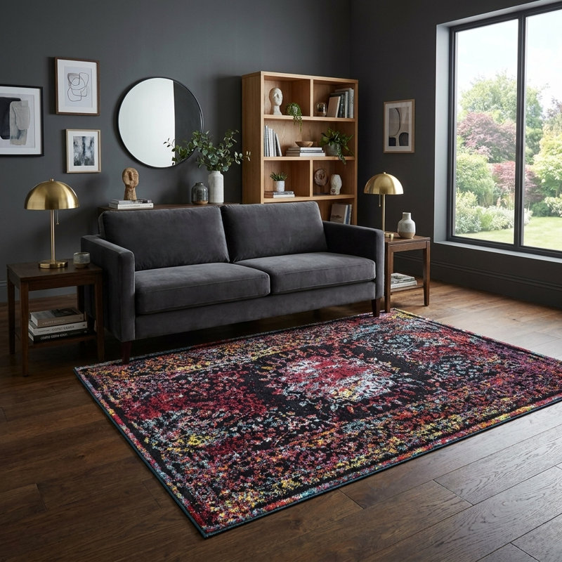 Tapis Sarah Daijanay, Rouge / Bleu, Rectangle 4 pi 1 po x 6 pi 1 po