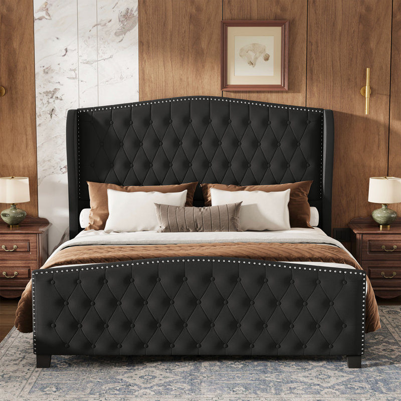 King Size Platform Bed With Upholstered Headboard & Footboard, Black, Black, King