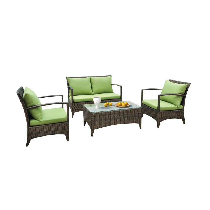 Ensemble de conversation en osier rotin pour 4 personnes avec coussins