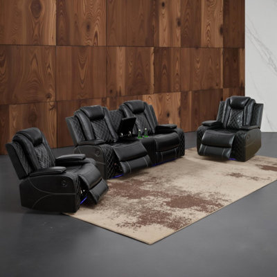 Ensemble de salon inclinable électrique en cuir 3 pièces pour le chargement et le rangement USB et porte-gobelets: causeuse + chaise + chaise (ensemble de 3)