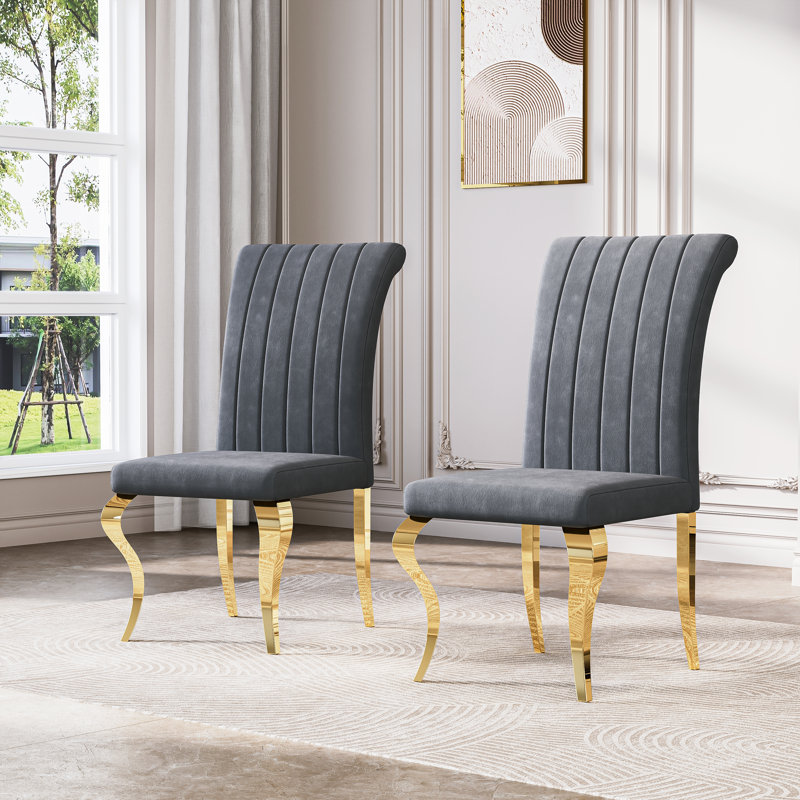 18.5”H Modern Dining Chairs, Arm Less Chair With Polished Stainless Steel Legs, Gray, Gold