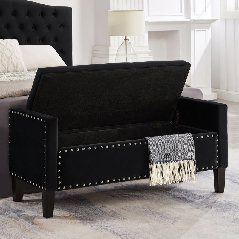 Banc rembourré capitonné avec rangement à boutons et garniture cloutée, siège rembourré pour salon, Black, Black