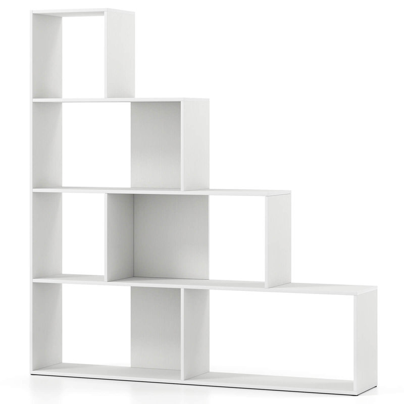 1 Pcs 4-tier Bookshelf With 6 Storage Cubes 64" Tall Modern Geometric Stair Bookcase
