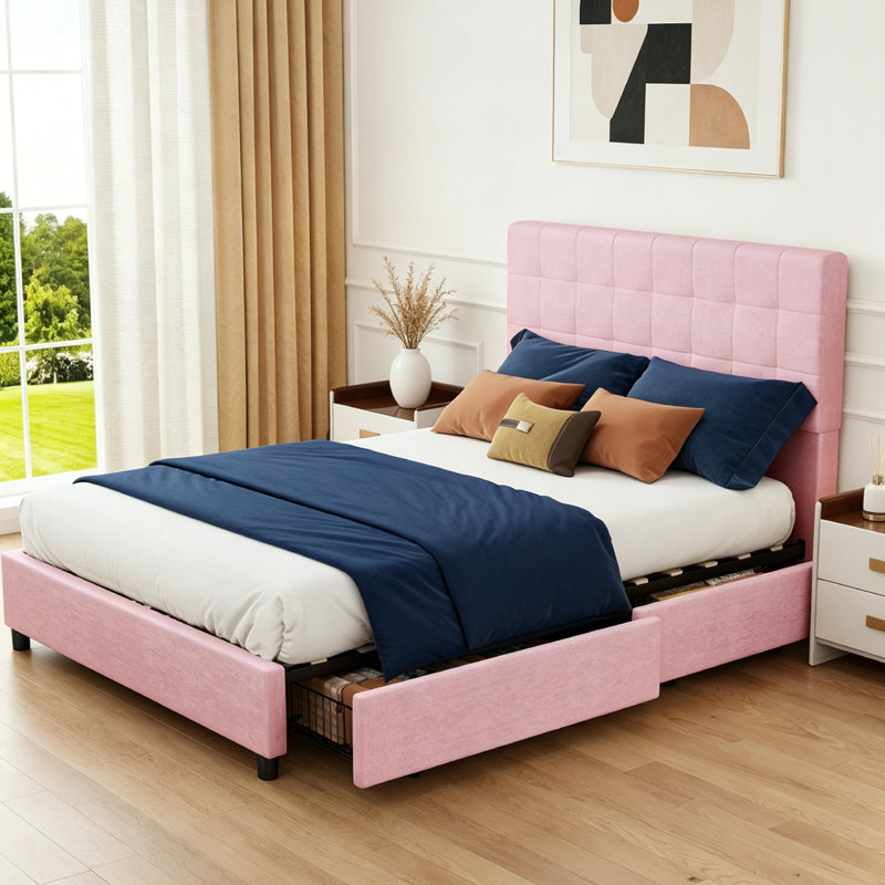 Lit plateforme avec tête de lit, 4 tiroirs de rangement sous le lit, cadre de lit plateforme double pour chambre à coucher, chambre d'amis, personnalisé
