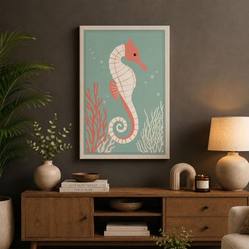 Graceful Seahorse Coastal - Wrapped Canvas, 18x12 - 45.7 x 30.5 cm, Cream Border