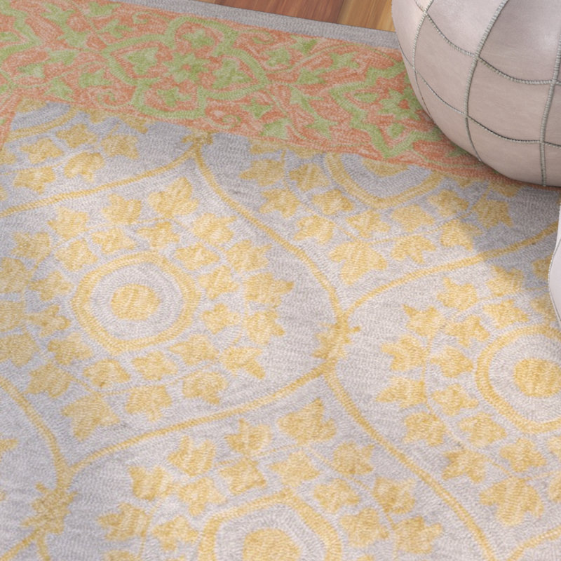 Tapis orange / argent en laine / coton crocheté à la main à motif floral Guzi, Rectangle 2 pi x 3 pi