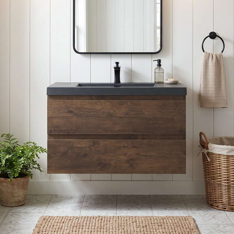 Meuble-lavabo mural en mélamine de bois de rose de 91 cm (36 po), résistant à l'usure, aux égratignures et à la porosité, surface facile à nettoyer, préassemblé.