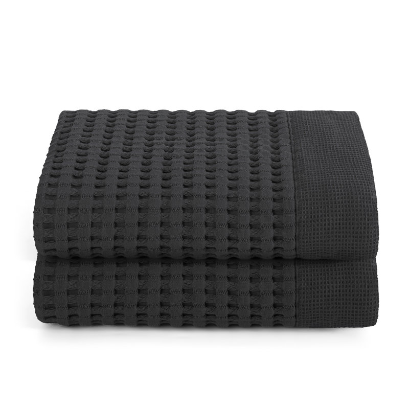 Waffle Hand Towel Set of 2 – Super Absorbent 100% Natural Cotton, Quick-Drying, Modern Style, Faded Black