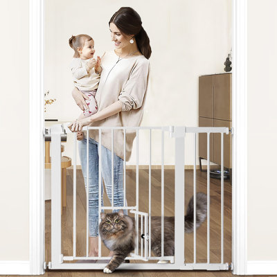 Auto Close Baby Safety Gate With Cat Door, 29.5"-40.5" Extra Wide Dog Gate, Pressure Mounted Easy Walk Thru Pet Gate