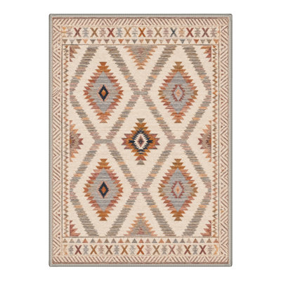 Boho Geometric Diamond Machine Washable Area Rug, Ivory Tan Rust Low-Pile Non-Slip Rug for Living Room Bedroom