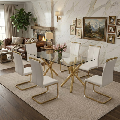 7-piece Contemporary Clear Glass Dining Set, Gold Crossed Base and White Upholstered Chairs