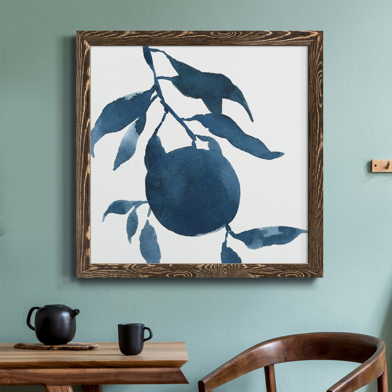 Indigo Oranges III - Toile encadrée de qualité supérieure - prête à être accrochée, H 20 po x l 20 po x P 1,5 po, Cadre noyer