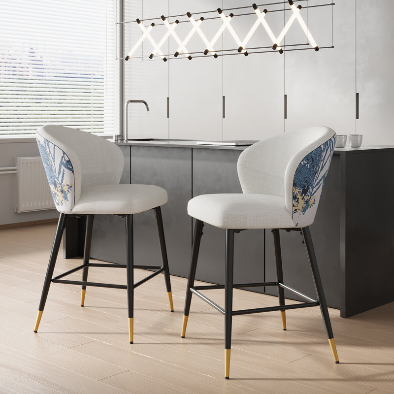 Knox Upholstered Bar Stools With Footrest, White/Blue/Gold