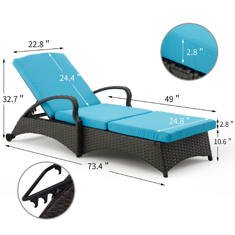 Chaise longue inclinable longue 73,4 po avec coussins, Bleu