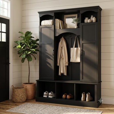 55" Farmhouse Hall Tree with Storage Bench, Coat Rack and Shoe Storage, Entryway Organizer with Adjustable Shelves, 2 Side Cabinets and Open Cubbies