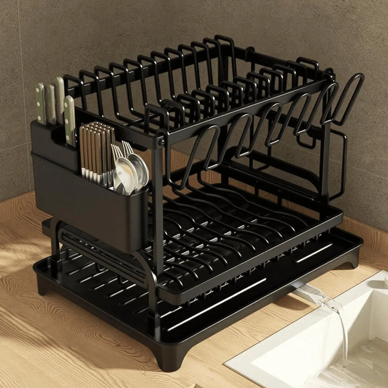Large Capacity 2-tier Kitchen Dish Drying Rack With Drain Board, Rust-resistant Steel Cutlery Holder With Knife Block & Chopping Board Rack, 360° Rotatable Drainage Pipe
