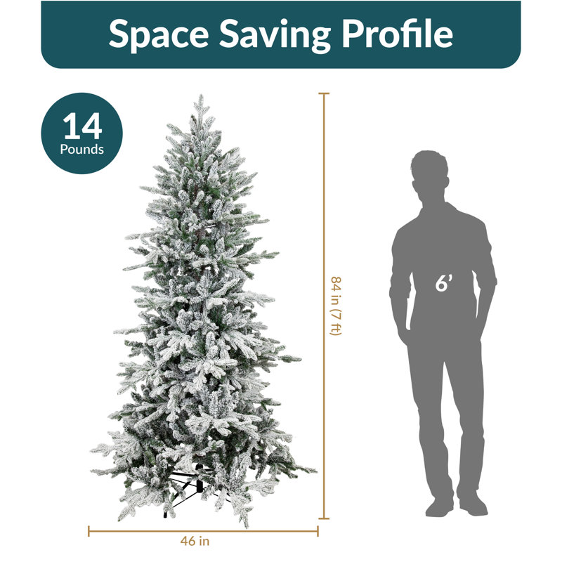 Unlit Flocked Indoor Artificial Slim Christmas Tree with Metal Stand and Hinged Branches - 7'