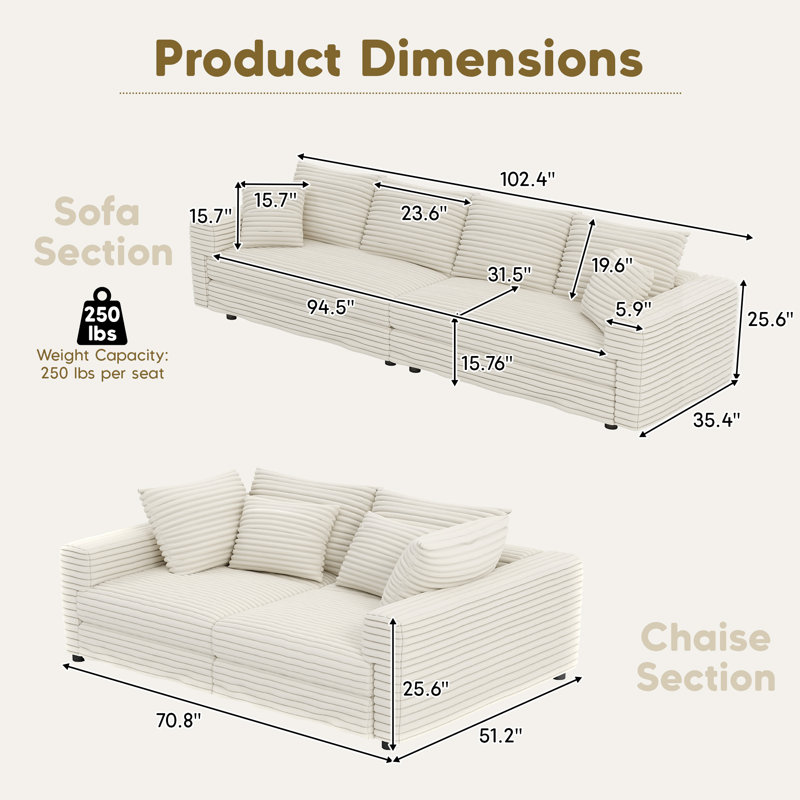 Almonte 103'' Extra-Long Modular Sofa with Chaise Conversion and 2 Throw Pillows, Beige