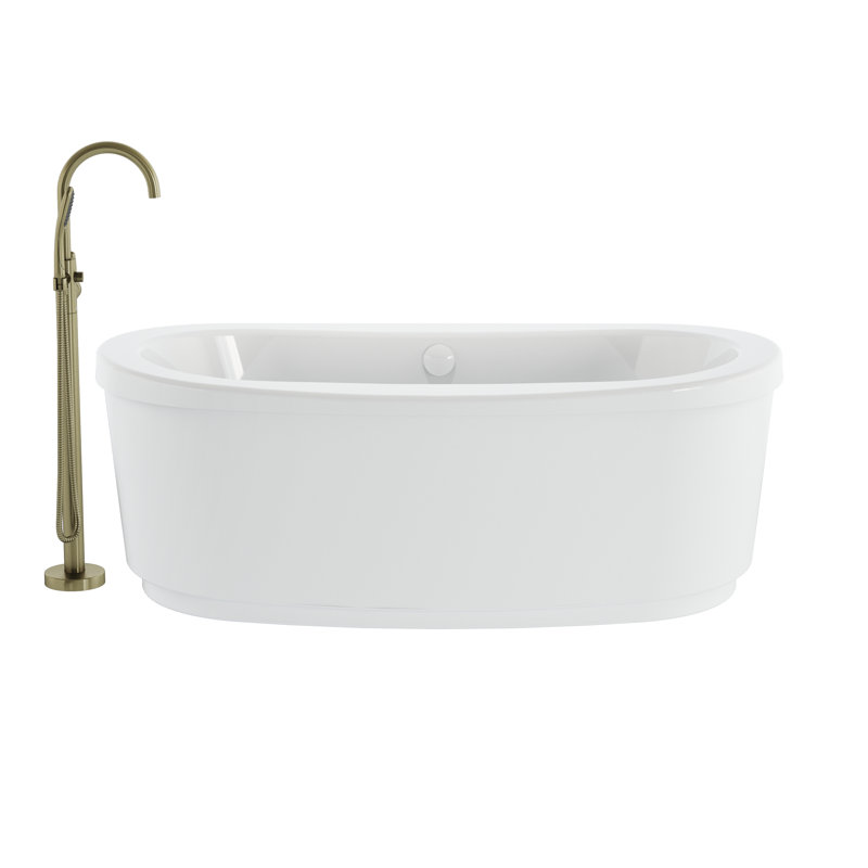 INIZIO 6636 Freestanding Whirlpool Bath in White With Round Tub Filler, White/Brushed Bronze