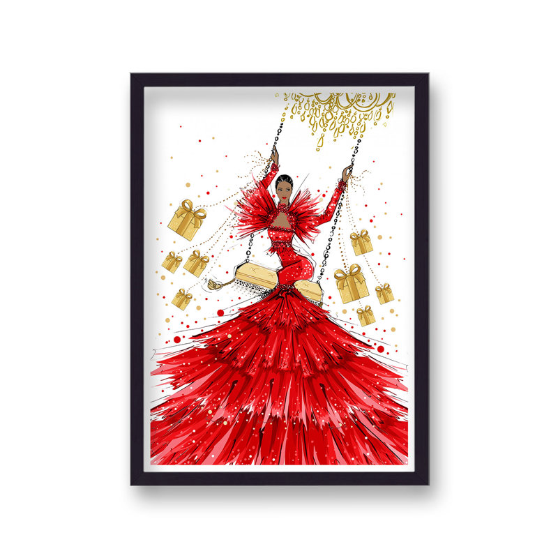 Estee Lauder Red Feathered Gown 2 Gold Swing - Single Picture Frame Print