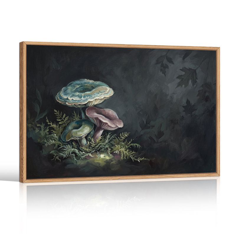 «Blue and Pink Mushroom parmi les fougères vertes», art mural sur toile, 24"H x36"W
