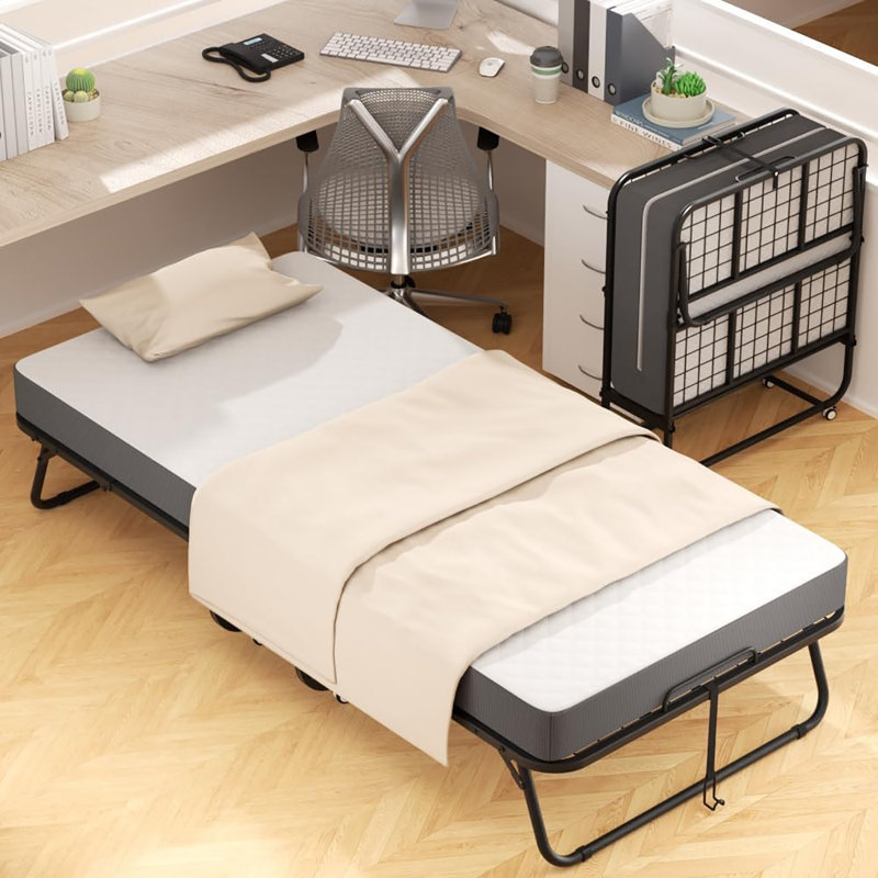 Folding Bed with 5" Memory Foam Mattress, Roll Away Beds with Metal Frame for Adults, Portable Foldable Bed with Wheels and Dustproof Bag