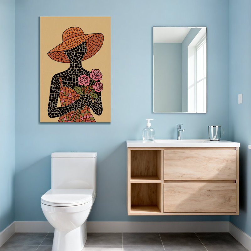 Plantes et fleurs, mosaïque, femme avec chapeau et roses, H 18 po x l 12 po