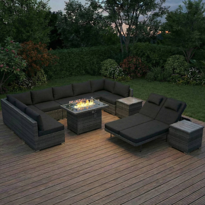 12-Piece Outdoor Conversation Seating Sectional Set With Fire Pit Table And Double Chaise Lounge, Black