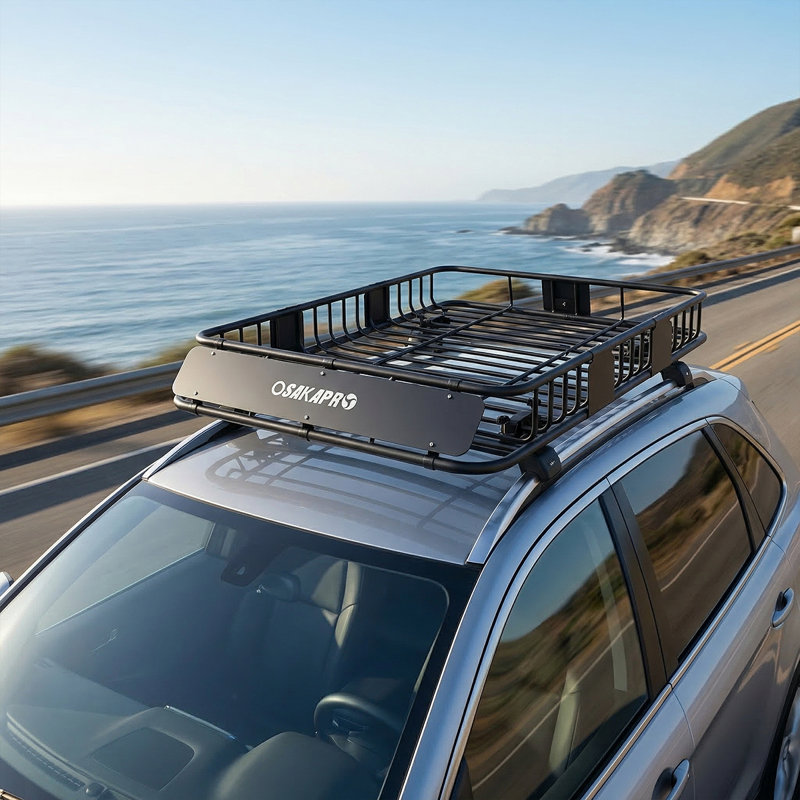Heavy-Duty Universal Roof Cargo Basket, Black Steel Roof Rack with Tie-Down Straps for Camping & Travel