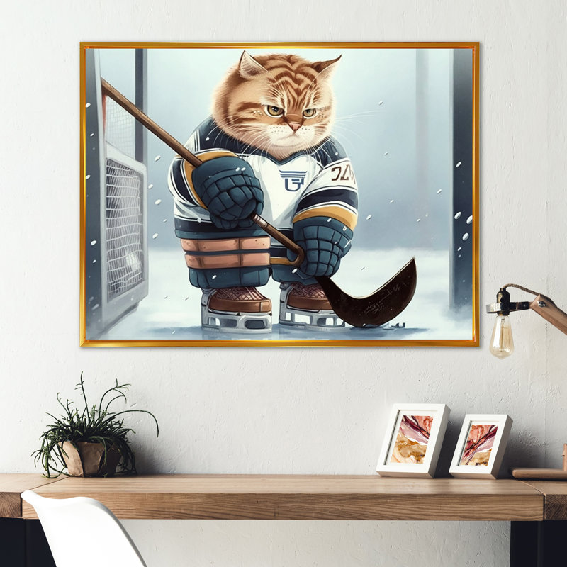 Dessin animé «Hocket Cat on Ice Rink II», impression sur toile, H 16 po x l 32 po x P 1 po, Toile avec cadre flottant or