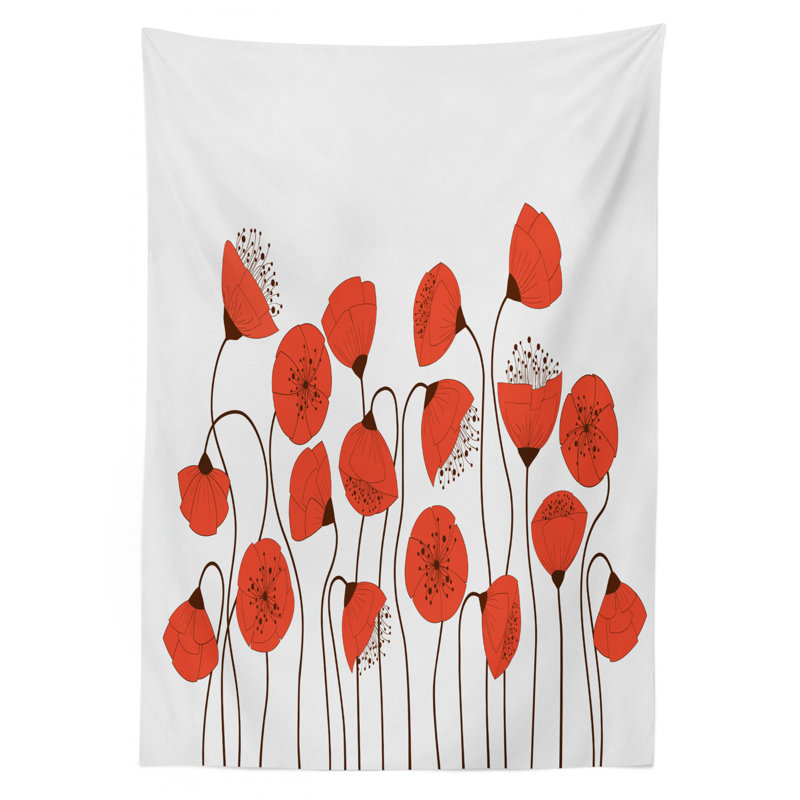 Flower Tablecloth, Poppy Flowers Blossom Art Deco Style Summertime Garden Modern Repetition, Rectangular Table Cover For Dining Room Kitchen Decor, 52" X 70", Vermilion And Pearl