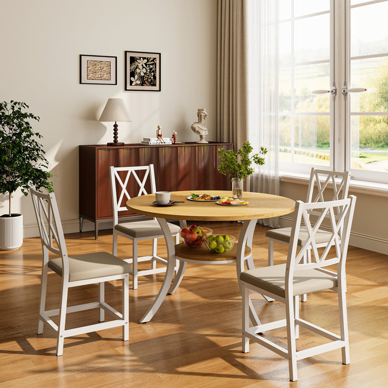 5 Pieces 35.4’’ Transitional Style Round Dining Table Set, Extendable Folding Kitchen Dining Table Set For 4 With 4 PU Upholstered Dining Chairs