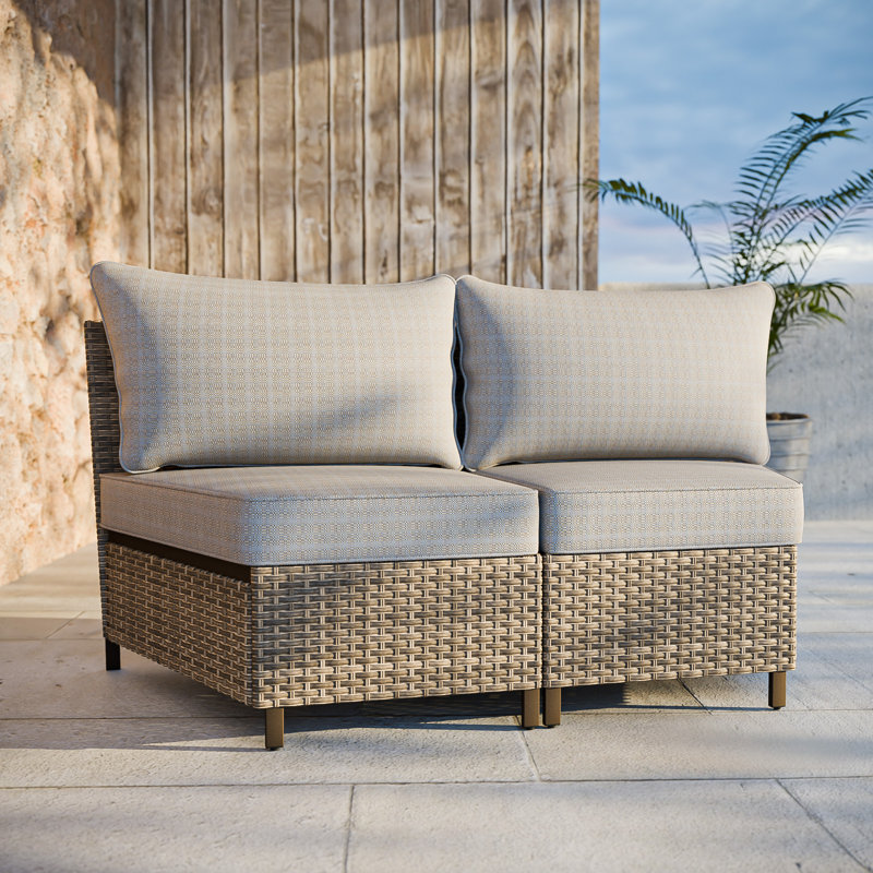 2 - Person Armless Wicker Outdoor Patio Chair with Cushions, Beige