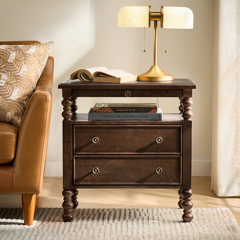 Jeremie Traditional 26"W 2-Drawer End Table with Charging Station and Pull-Out Shelf and Easy Assembly, Walnut