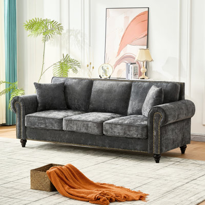Modern 3 86 Inches Long, Chenille Upholstered Couch, Rolled Arms, Wood Legs, Nailhead Trim, High Foam Filled, Adds Warmth To Living Room 86-inch With And Soft Velvet Fabric, Foam, For Daily Use