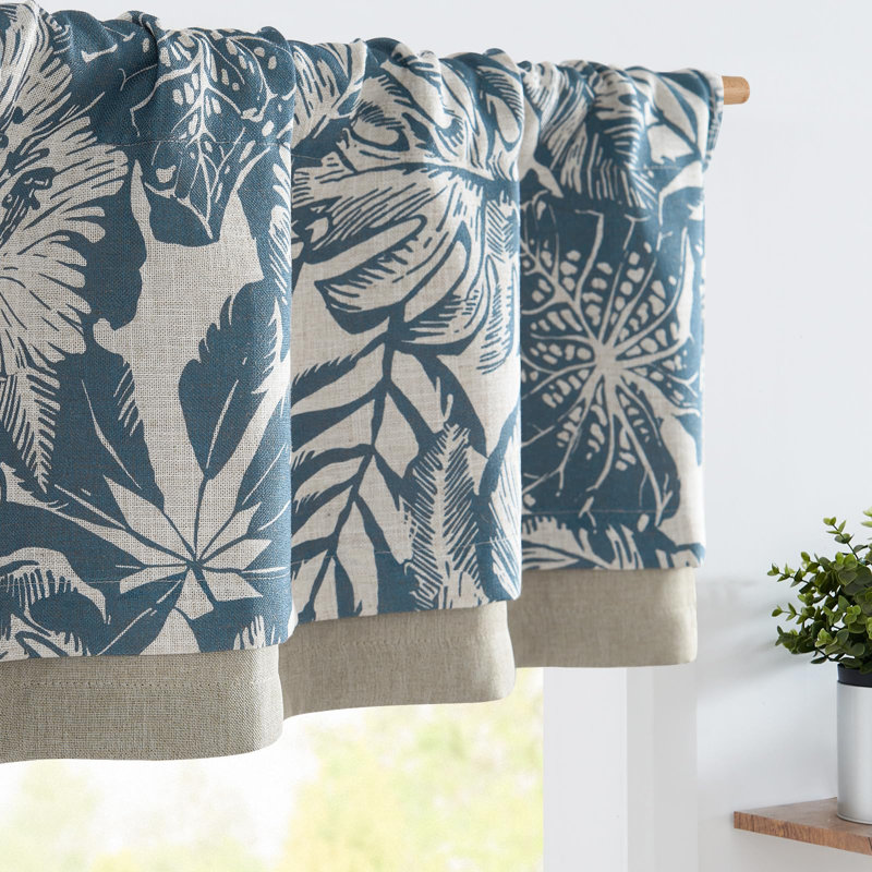 Cantonnière en lin à motif floral, Bleu