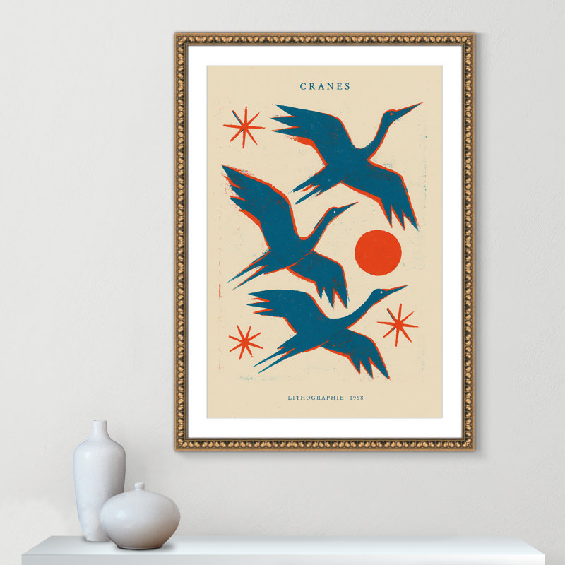 «Cranes» par Treechild, L 30,5 po x H 42,5 po, Matted Print, Gold Leaf Beads