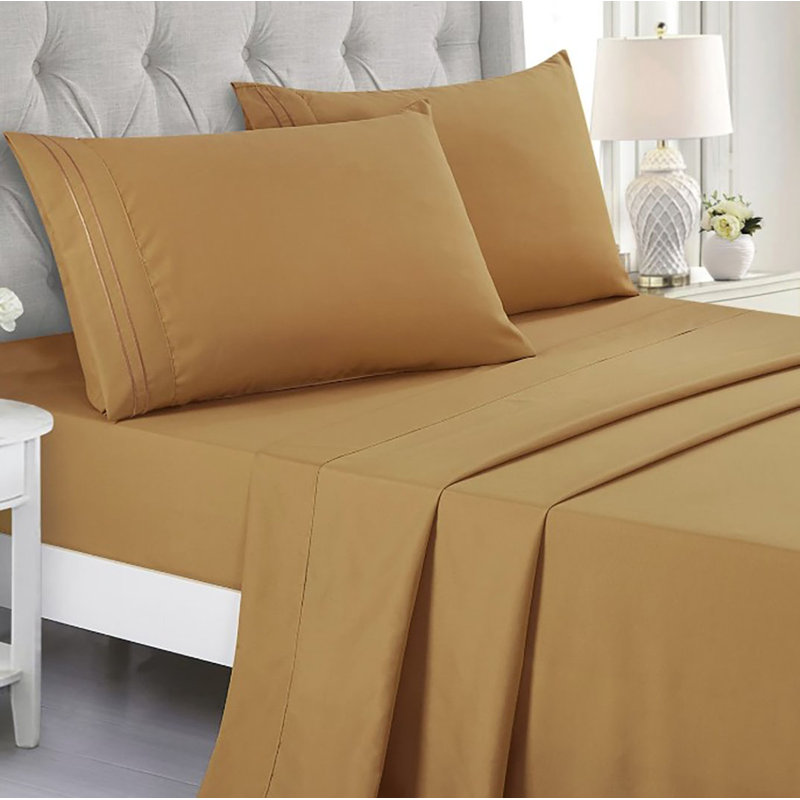Sheet Set 2000 Embroidery Soft Cozy 14" Deep Pocket, Full Sheet Set with Fitted Sheet + 2 Pillowcases, Camel